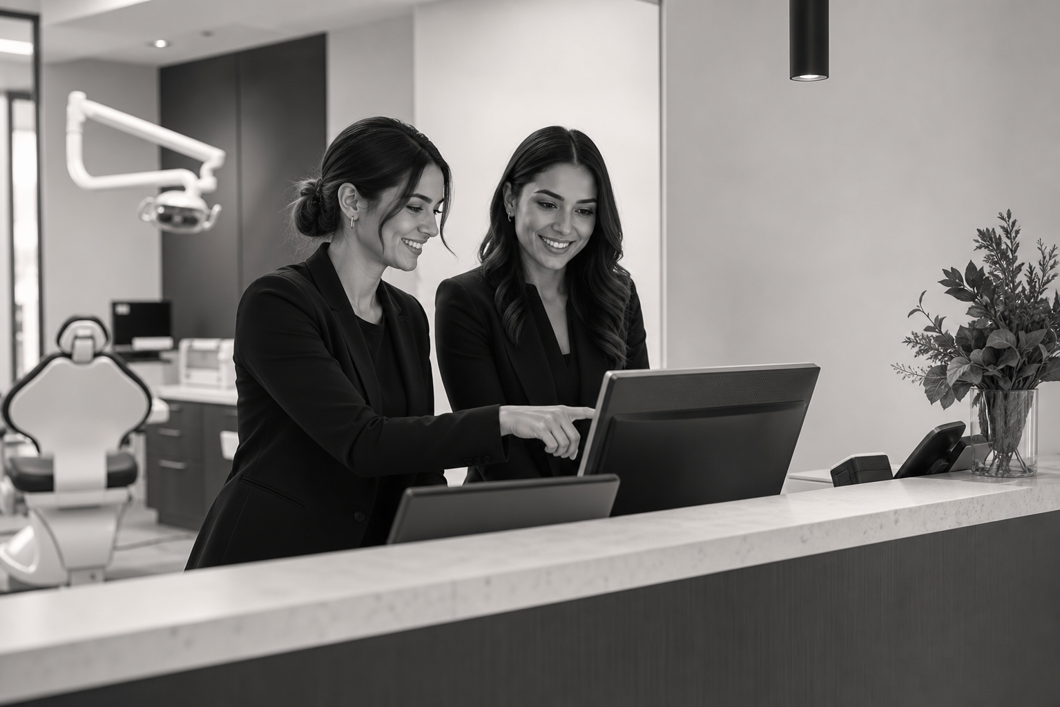 Dental front desk team coordinating patient operations