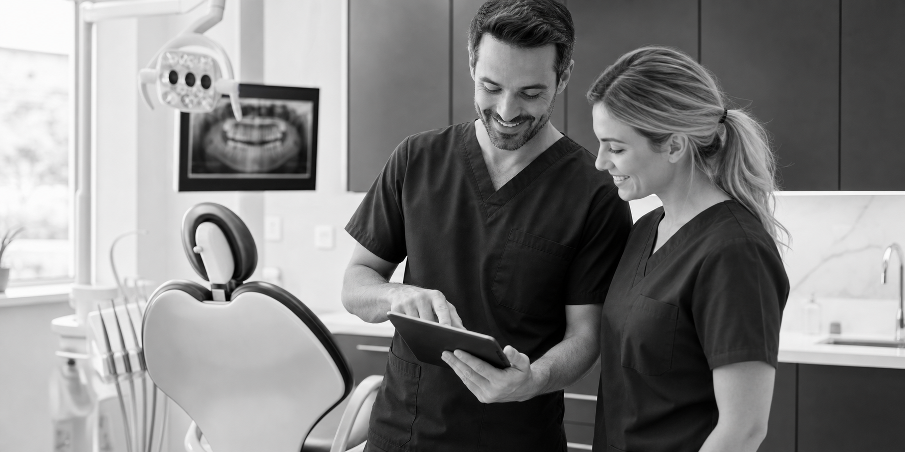 Dentist and hygienist reviewing digital charting